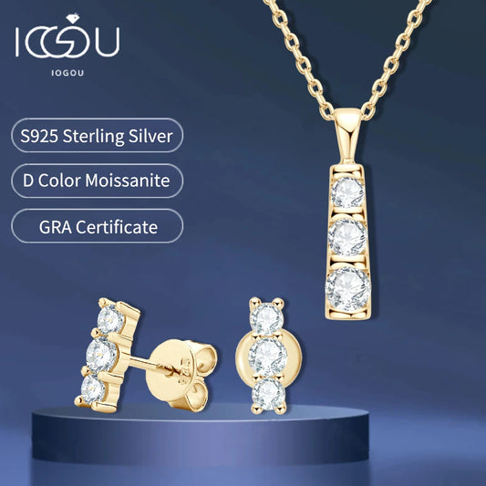 100% 925 Silver 14K Gold Plated Jewelry Set 3 Stone D VVS1 Moissanite Pendant Necklace Stud Earrings Set for Women Birthday Gift