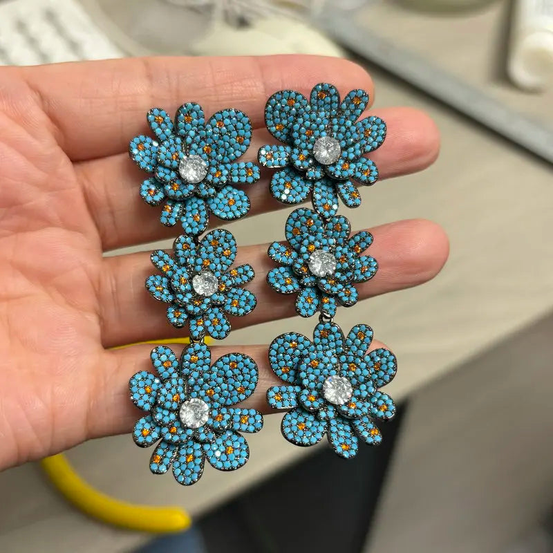 Bilincolor Luxury Blue Flower Earring for Women Wedding Jewelry Gift