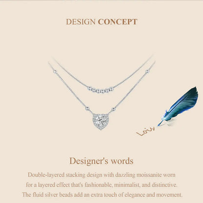 Bamoer 925 Sterling Silver Halo Heart Moissanite Pendant Necklace Double-layer Necklace for Women Valentine's Day Gift