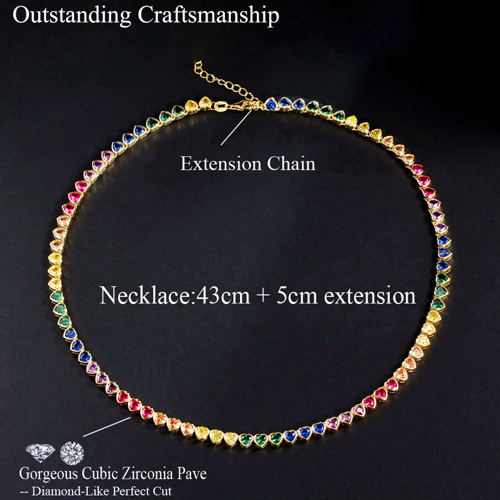 ThreeGraces Elegant Small Heart Shape Cute Lovely Multicolor CZ Tennis Choker Necklace for Women Fashion Party Jewelry PN120