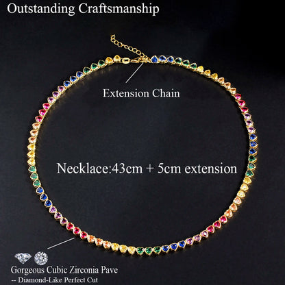 ThreeGraces Elegant Small Heart Shape Cute Lovely Multicolor CZ Tennis Choker Necklace for Women Fashion Party Jewelry PN120