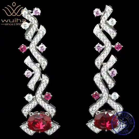 WUIHA Vintage 925 Sterling Silver Lab Sapphire High Carbon Diamond Ruby Wedding Engagement Drop Dangle Earrings Fine Jewelry
