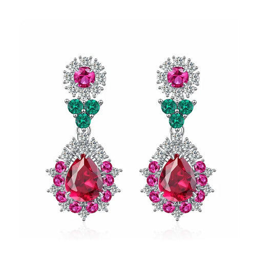 100% S925 Silver 8x10MM Water Drop Red High Carbon Diamond Drop Earrings Women's Wedding Commemorative Crystal Jewelry