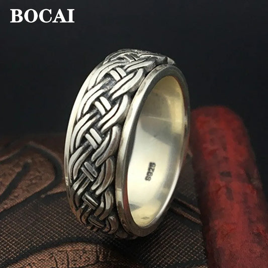 BOCAI New Real S925 Sterling Silver Jewelry Fashion Retro Thai Man Ring Hemp Rope Simple Rotating Turn to Good Luck