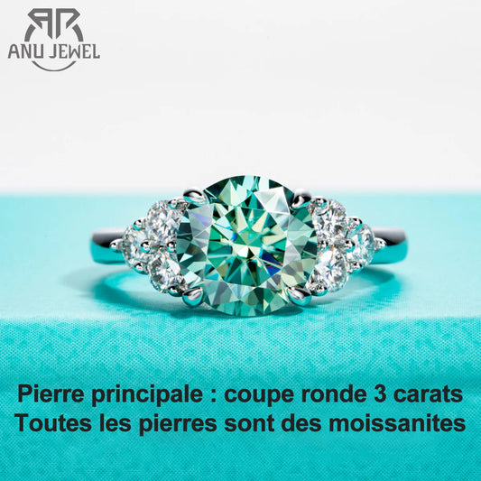 AnuJewel 3ct Round Cut Blue Green Color Moissanite Engagement Ring 18K Gold Plated Silver Luxury Wedding Ring Jewelry  Wholesale