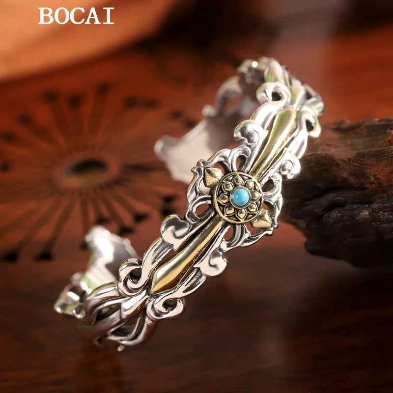 BOCAI New S925 Silver Personalized Simple Fashion Cross Sunflower Bracelet Men's Gift Free Shipping