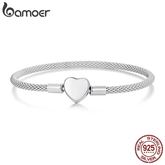 BAMOER Heart Basic Charm Bracelet 925 Sterling Silver Snake Chain Basic Bracelet For Women Heart Love Jewelry 17CM 19CM