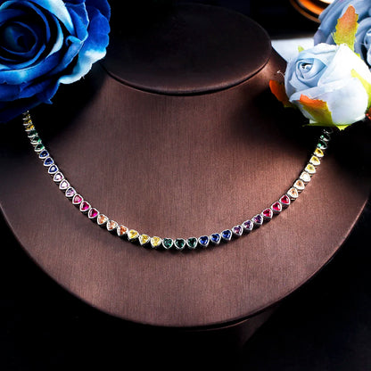 ThreeGraces Elegant Small Heart Shape Cute Lovely Multicolor CZ Tennis Choker Necklace for Women Fashion Party Jewelry PN120
