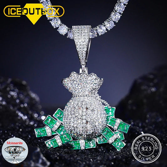 S925 Silver Fashion Personality Dollar Money Bag Pendant Necklaces D Color VVS Moissanite Creativity Hip Hop Iced Out Jewelry