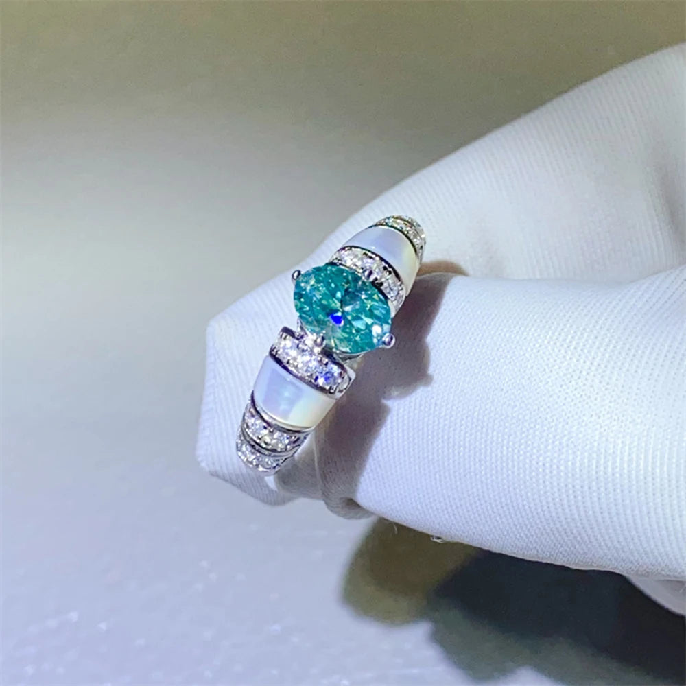 1CT Oval Moissanite Ring with Certificate Sparkling Pink Blue Diamond S925 Silver Wedding Band Engagement Fine Jewelry For Women