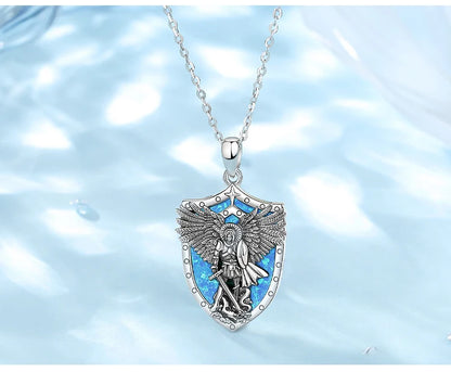 St Michael Pendant Eudora 925 Sterling Silver Archangel opal Amulet Necklace Religious Jewelry Gift for Men Women