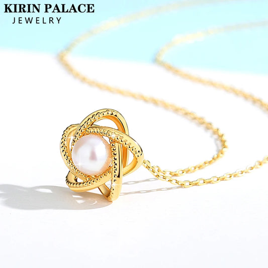 18K Yellow Gold Necklace Lucky Stars Pendant Freshwater Pearl Pure AU750 Fine Jewelry for Women Dropshipping