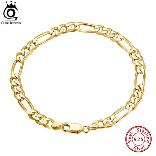 ORSA JEWELS Punk Genuine 925 Sterling Silver 5mm Diamond-Cut Figaro Chain Bracelets for Women Men Party Jewelry Gift SB66