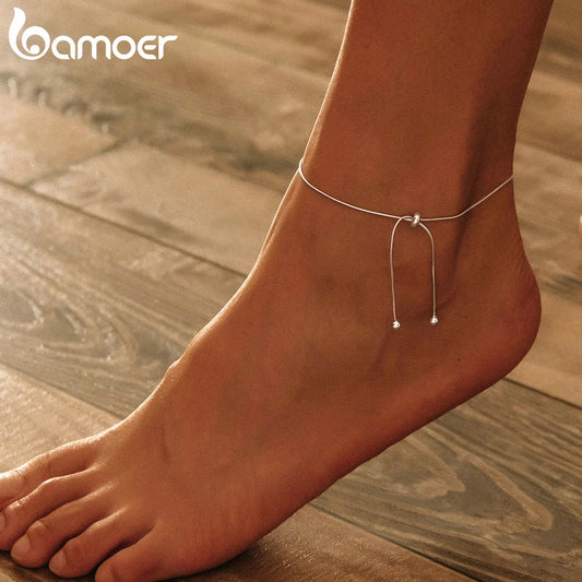 BAMOER Genuine 925 Sterling Silver Adjustable Snake Charm Anklet for Women Foot Bracelet Jewelry Minimalist Jewelry 30CM SCT016