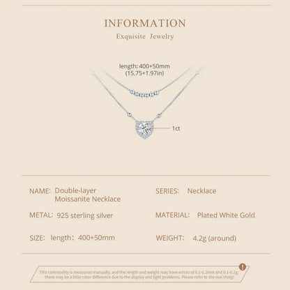 Bamoer 925 Sterling Silver Halo Heart Moissanite Pendant Necklace Double-layer Necklace for Women Valentine's Day Gift