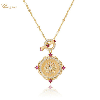 Wong Rain Vintage 18K Gold Plated 925 Sterling Silver Sparkling Ruby High Carbon Diamond Gemstone Pendant Necklace Fine Jewelry