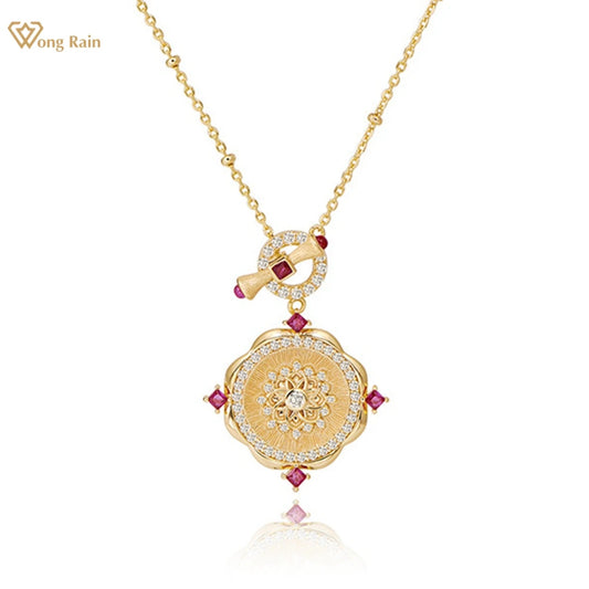 Wong Rain Vintage 18K Gold Plated 925 Sterling Silver Sparkling Ruby High Carbon Diamond Gemstone Pendant Necklace Fine Jewelry