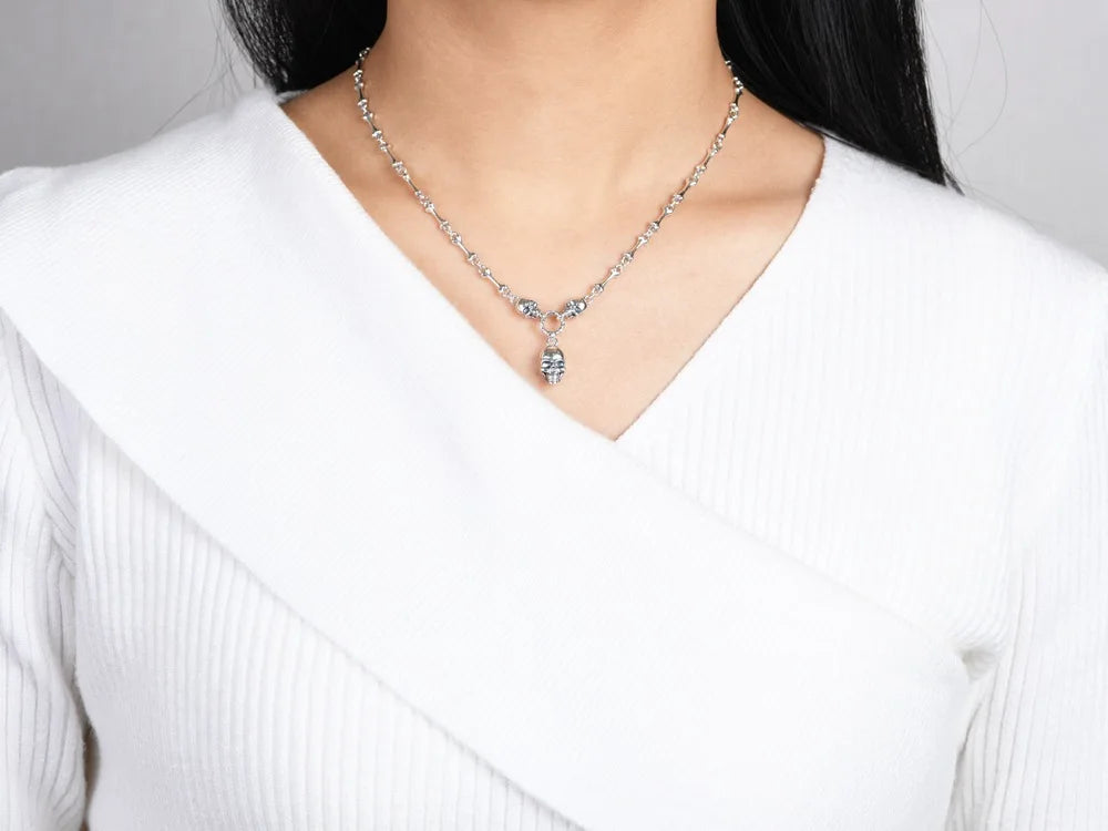 BOCAI 100% Real S925 Silver Jewelry Retro Creative Design Trendy Punk Skull Stick Bone Necklace for Woman