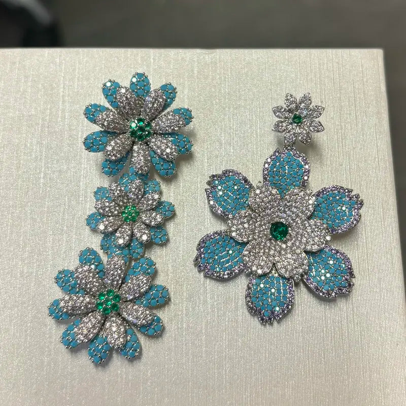 Bilincolor Luxury Blue Flower Earring for Women Wedding Jewelry Gift
