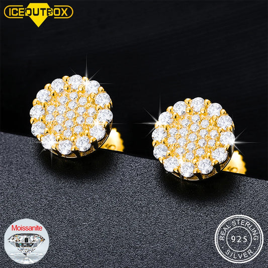 Real 925 Sterling Silver Round Cut D Color Moissanite Diamond Halo Stud Earrings For Women Hip Hop Jewelry Passed Diamond Test