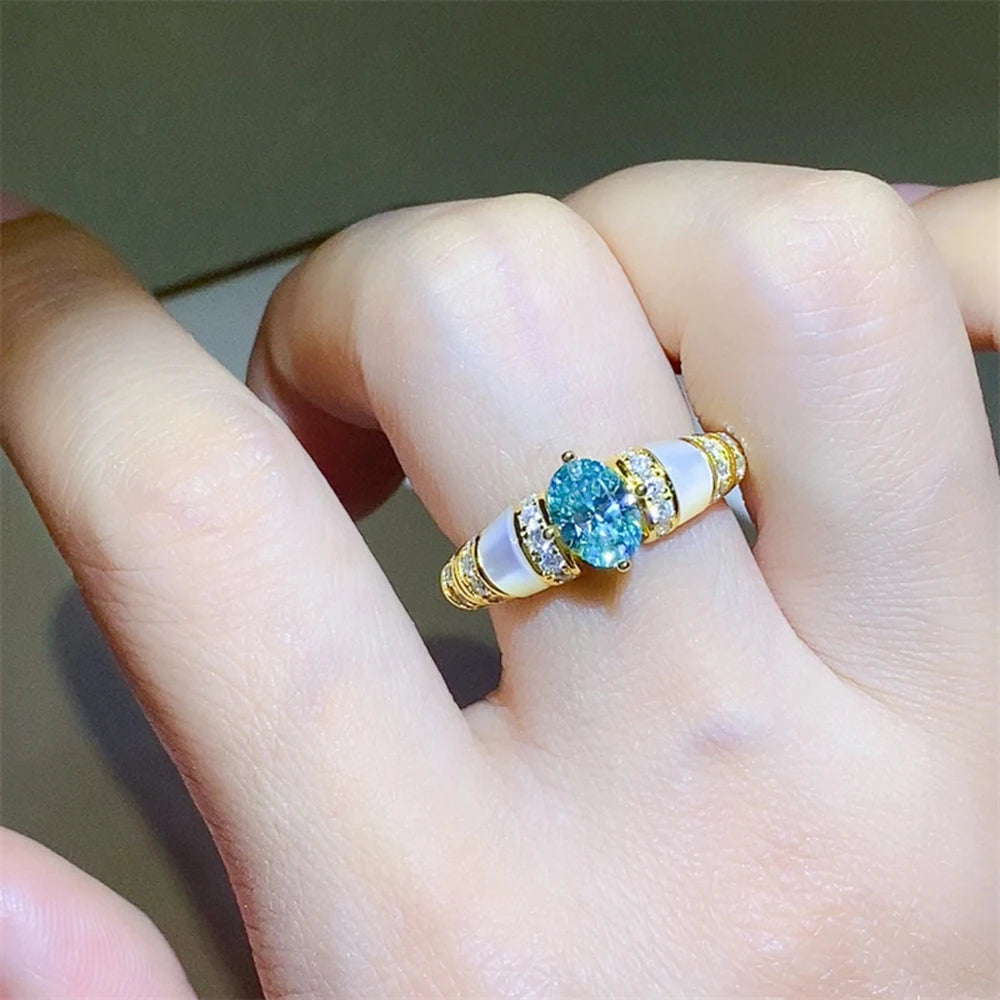 1CT Oval Moissanite Ring with Certificate Sparkling Pink Blue Diamond S925 Silver Wedding Band Engagement Fine Jewelry For Women
