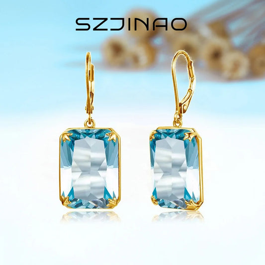 Real Silver 925 Earring For Women Trend Aquamarine Earrings Gold Plated Anniversary Party Banquet Luxury Fine Jewelry Accessorie
