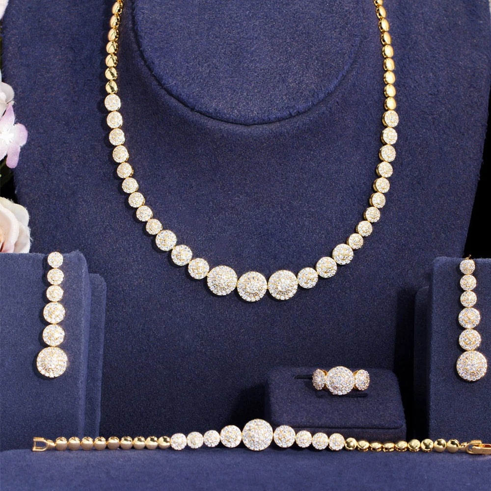 BeaQueen Dubai Gold Color Jewellery Sets for Women Round Drop Long Earrings and Tennis Necklace 4pcs Brides Dress Jewelry S329