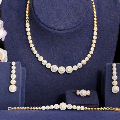 BeaQueen Dubai Gold Color Jewellery Sets for Women Round Drop Long Earrings and Tennis Necklace 4pcs Brides Dress Jewelry S329