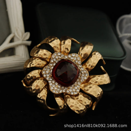 2024 new copper plated real gold windmill flower diamond ruby brooch heavy light luxury