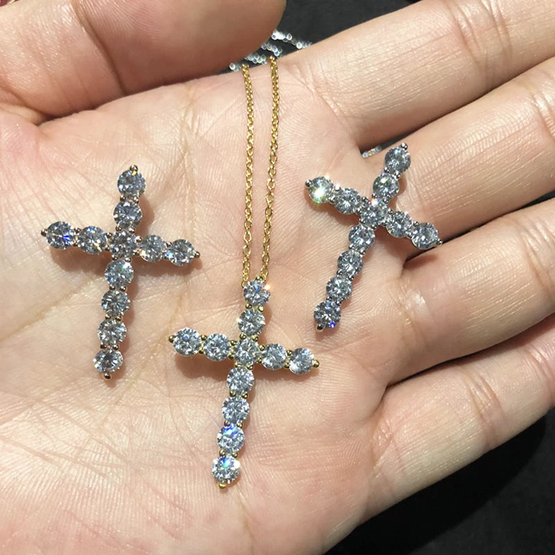 [Big Factory] Unisex Moissanite Diamond Cross Pendants For Women Original 925 Sterling Silver Yellow Men‘ s Diamond Chain Hiphop
