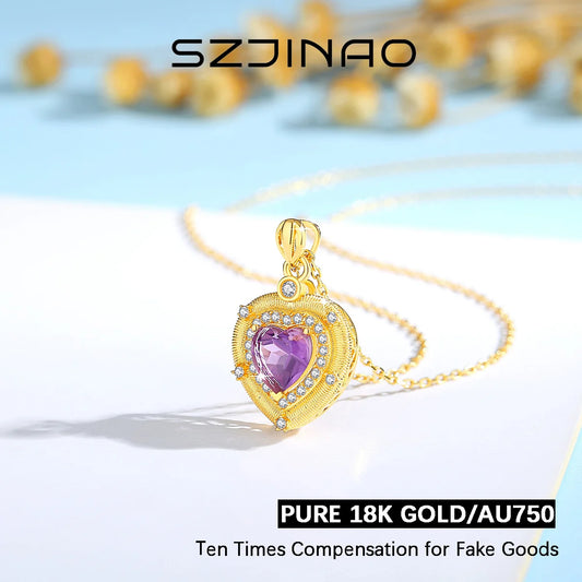 Real 18K Gold Natural Amethyst Heart Necklaces Pendant Original Design for Women Anniversary Party Gift Fine Jewelry