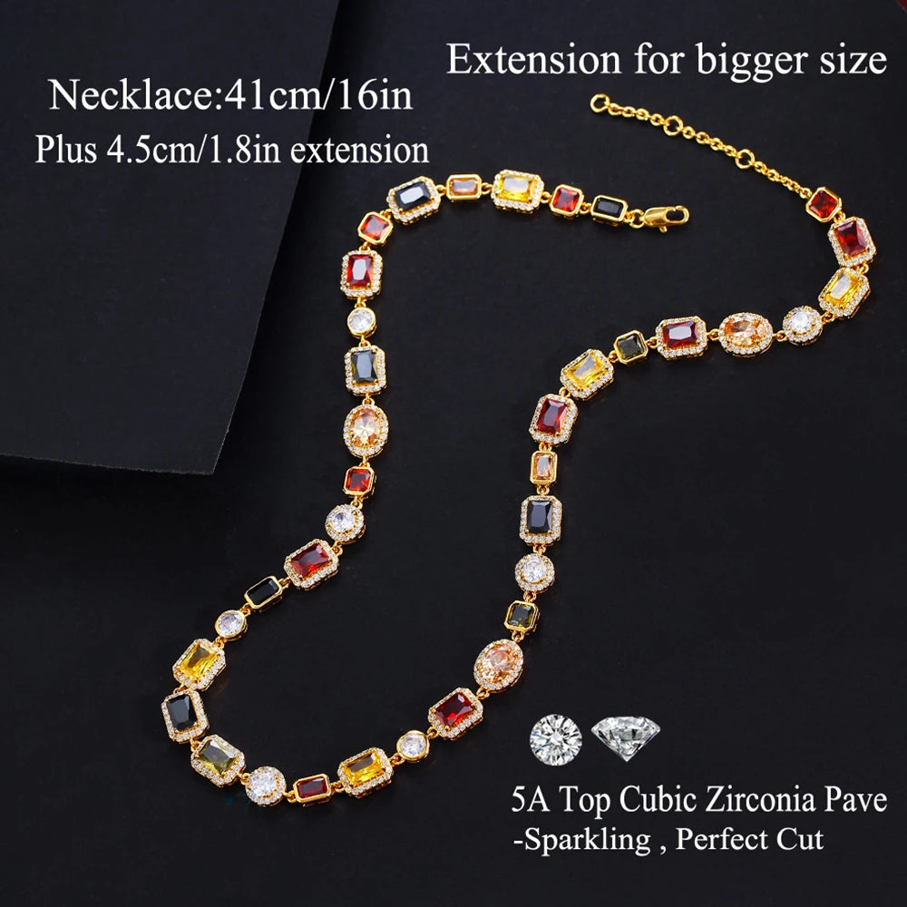 BeaQueen Lovely Geometric Colorful Cubic Zirconia Yellow Gold Plated Necklaces Chain for Women Festive Party Jewelry Gifts N026
