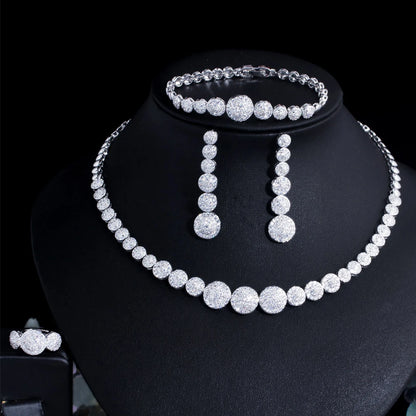 BeaQueen Dubai Gold Color Jewellery Sets for Women Round Drop Long Earrings and Tennis Necklace 4pcs Brides Dress Jewelry S329