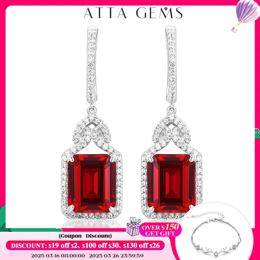 ATTAGEMS Ruby Real Sterling Silver Earring for Women Charming Style Created Sapphire 12 Carats Octagon Cut Wedding Jewelry Gifts