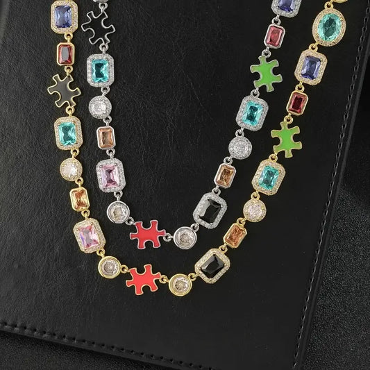 10MM Glamorous Colourful Zirconia Adjustable Puzzle Piece Necklace Iced Out Gemstone Chain For Men And Women Hip Hop Jewelry