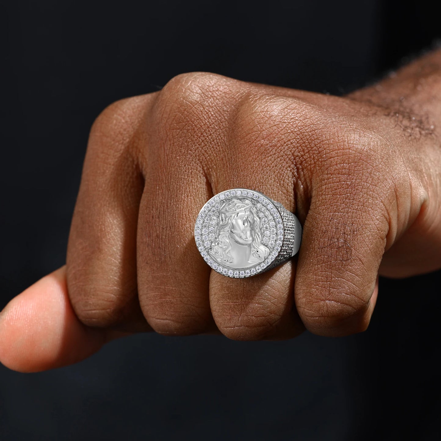 New S925 Moissanite Jesus Head Ring Men Women Fashion Religious Amulet Accessories Hip Hop Punk Iced Out Sterling Silver Jewelry