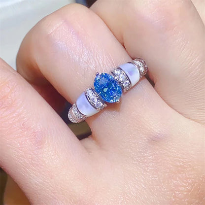 1CT Oval Moissanite Ring with Certificate Sparkling Pink Blue Diamond S925 Silver Wedding Band Engagement Fine Jewelry For Women