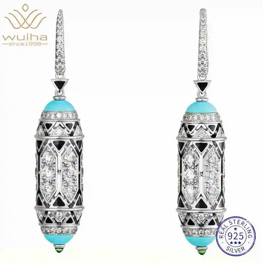 WUIHA Vintage 100% 925 Sterling Silver Blue Turquoise Gemstones Drop Dangle Earrings Anniversary Cocktail Fine Jewelry Wholesale