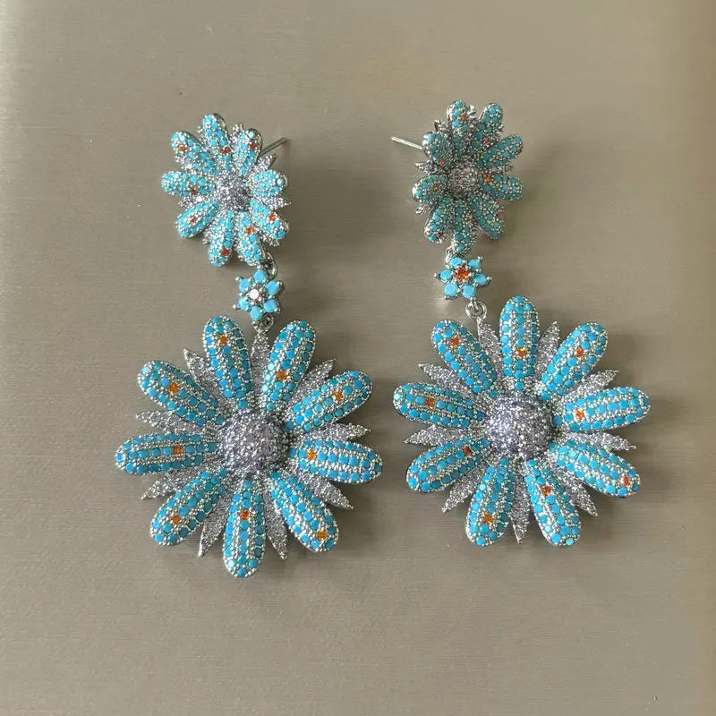 Bilincolor Luxury Blue Flower Earring for Women Wedding Jewelry Gift