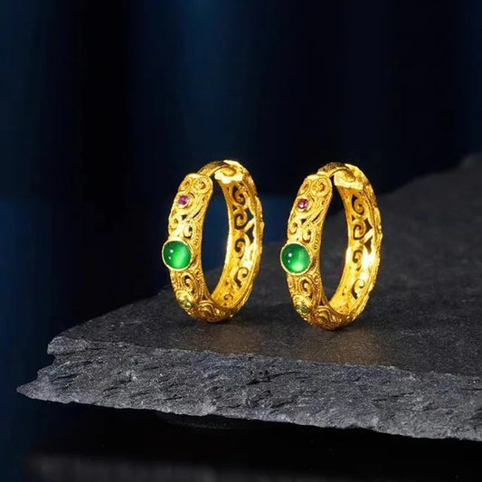 Vintage Women's 9999 24K Real Gold Hollow Wire Earrings with Complex Temperament Hoop Earrings and Jewelry for Mom Girls Gift