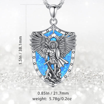St Michael Pendant Eudora 925 Sterling Silver Archangel opal Amulet Necklace Religious Jewelry Gift for Men Women