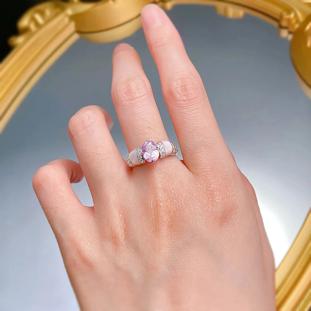 1CT Oval Moissanite Ring with Certificate Sparkling Pink Blue Diamond S925 Silver Wedding Band Engagement Fine Jewelry For Women