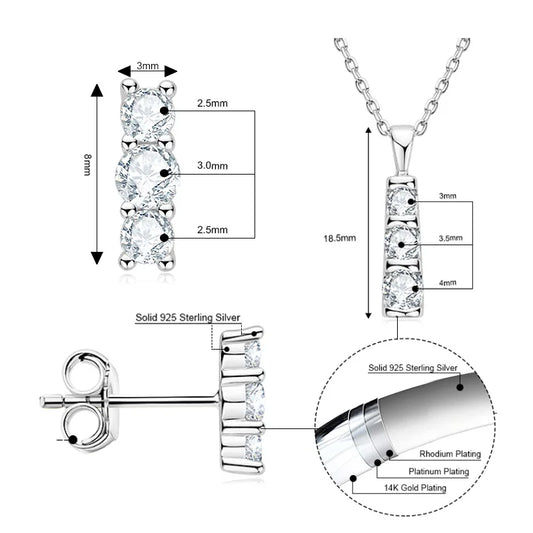 100% 925 Silver 14K Gold Plated Jewelry Set 3 Stone D VVS1 Moissanite Pendant Necklace Stud Earrings Set for Women Birthday Gift
