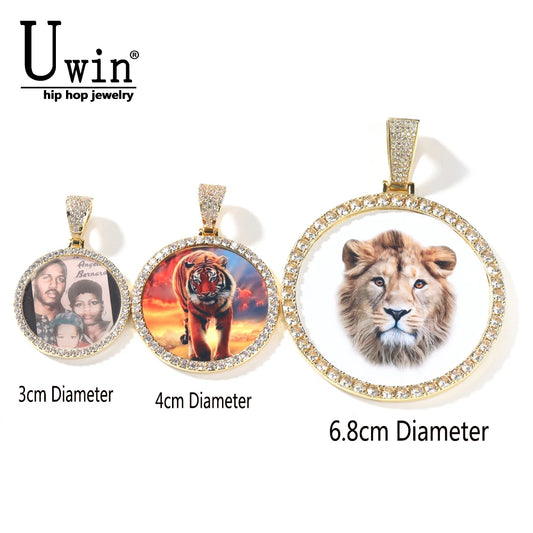 UWIN 6.8cm Oversize Large Round Custom Photo Pendant Iced Out CZ Hiphop Jewelry Necklace Engrave Name Memory Gifts