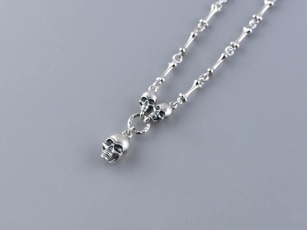 BOCAI 100% Real S925 Silver Jewelry Retro Creative Design Trendy Punk Skull Stick Bone Necklace for Woman