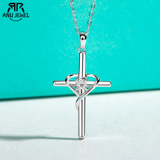AnuJewel 3MM D Color Moissanite Diamond Cross Pendant Heart Necklace 925 Sterling Silver 18K Gold Plated Customs Jewelry Gifts
