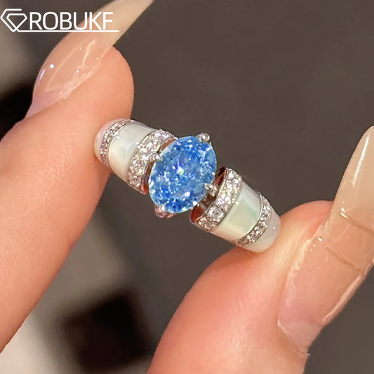 1CT Oval Moissanite Ring with Certificate Sparkling Pink Blue Diamond S925 Silver Wedding Band Engagement Fine Jewelry For Women