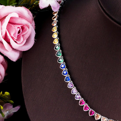 ThreeGraces Elegant Small Heart Shape Cute Lovely Multicolor CZ Tennis Choker Necklace for Women Fashion Party Jewelry PN120