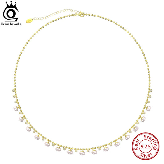 ORSA JEWELS Unique 925 Sterling Silver Ball Bead Necklace with Natural Pearls Vintage Choker Neck Chain for Women Jewelry GPN37