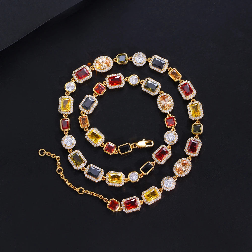 BeaQueen Lovely Geometric Colorful Cubic Zirconia Yellow Gold Plated Necklaces Chain for Women Festive Party Jewelry Gifts N026
